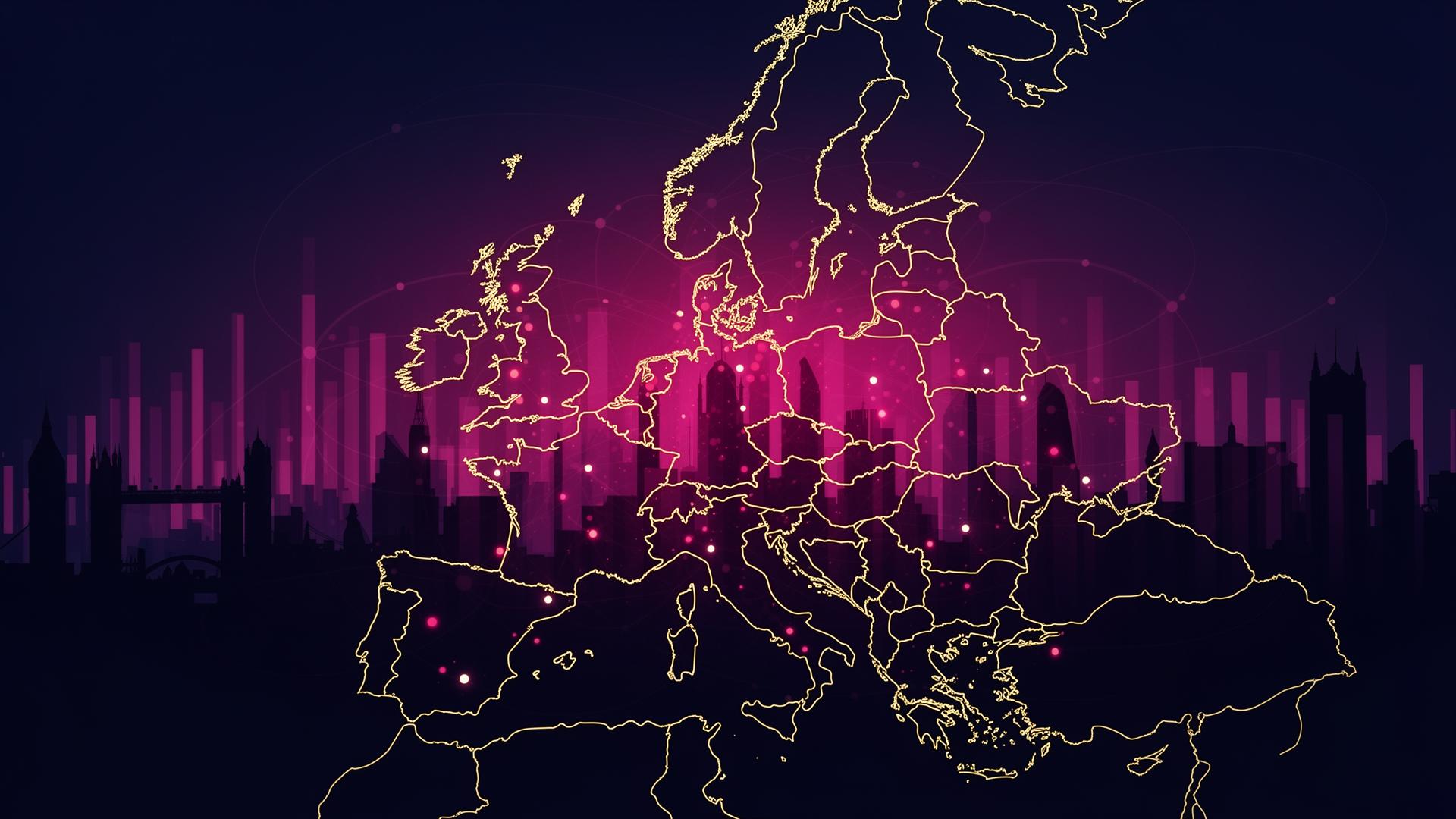 Stylised map of the United Kingdom and European mainland with glowing data points and a faint London skyline, representing the Q2 2026 online casino market